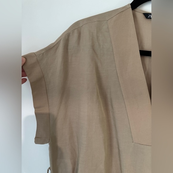 Zara oversized Beige linen belted V-Neck Dress size small new with tags - Picture 6 of 13